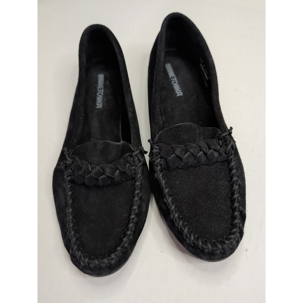 Minnetonka Women's Braided Suede Boat Moccasin Kitty Black Size 9